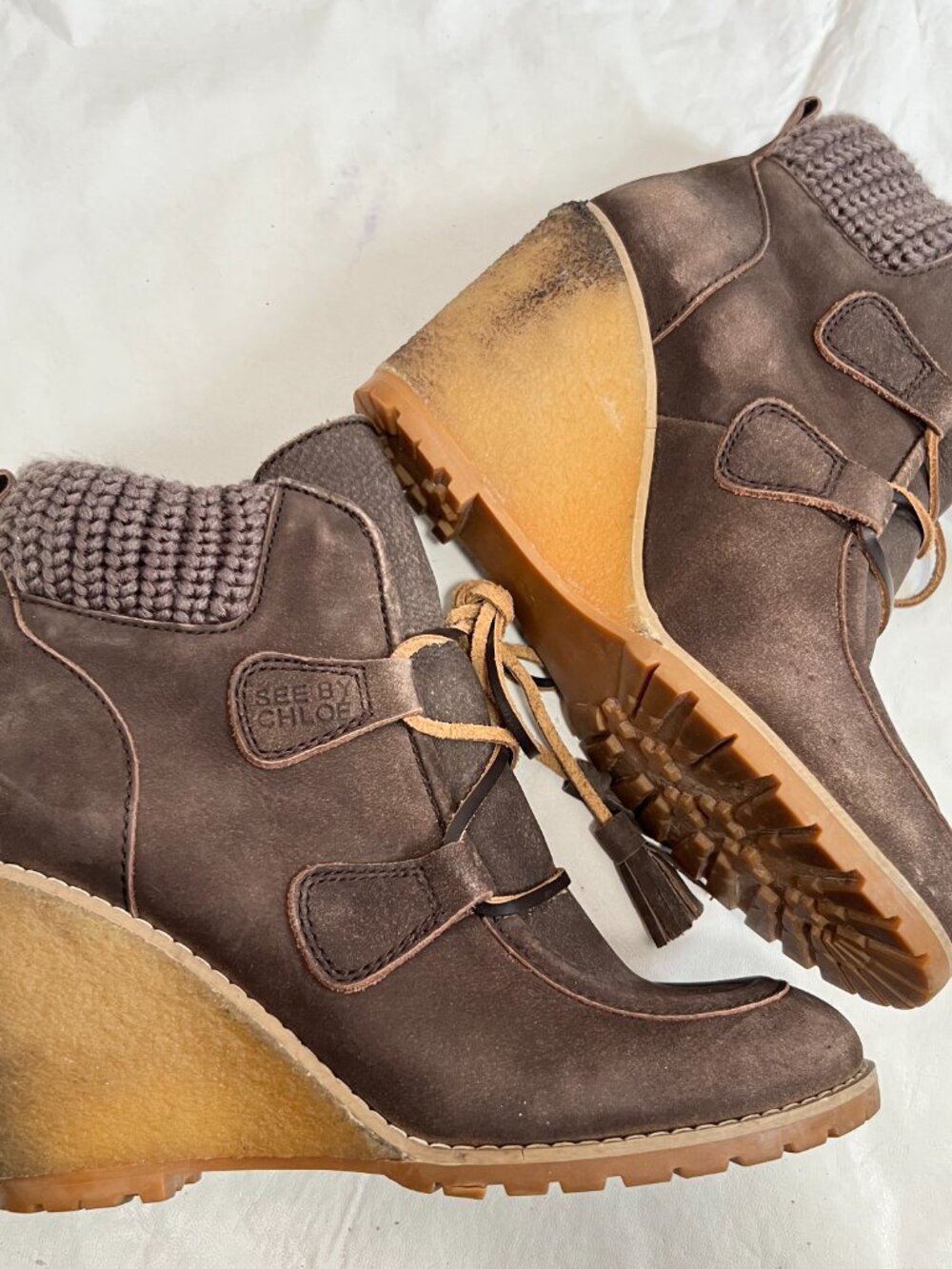 See by Chloé boots Wallabee wedge brown suede 40 9.5 high heel lace up knit cuff - Picture 7 of 15